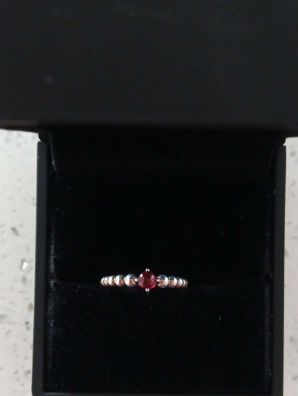 Pandora Sterling  Silver Beaded Ring with Red Stone